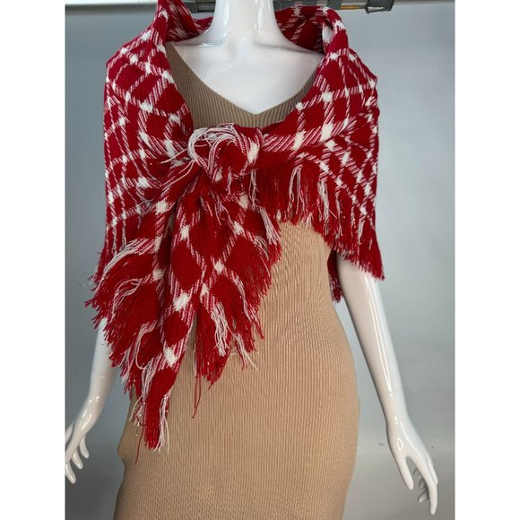 Red Plaid Scarf Shawl With Fringe 43" x 43" Polyester Blend - Picture 13 of 16